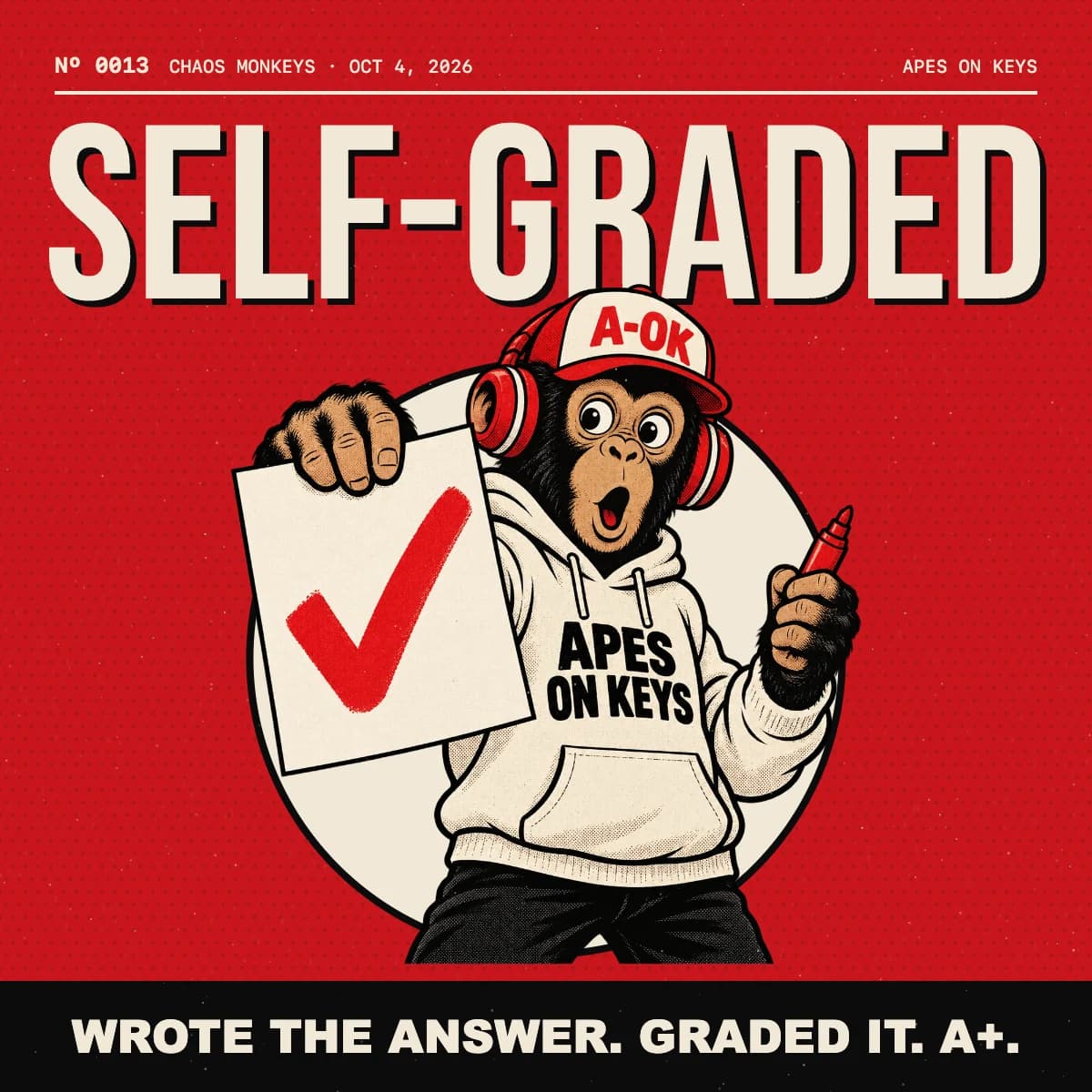 The A-OK ape holding up a test paper with a big red check mark and a red marker, looking stunned, in front of the giant word SELF-GRADED, with the slogan WROTE THE ANSWER. GRADED IT. A+. in a bar along the bottom.