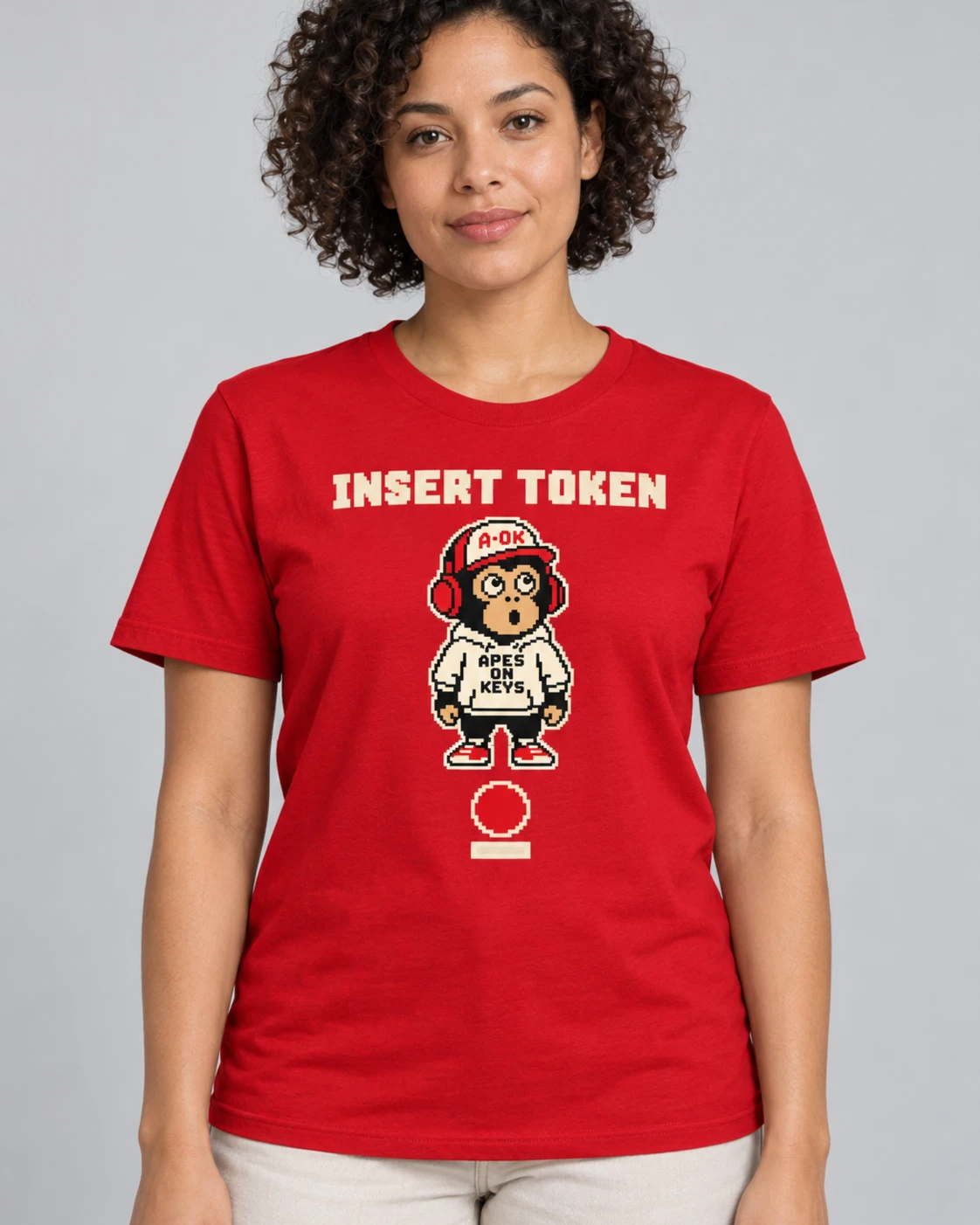 Red A-OK Insert Token Tee, worn by a model