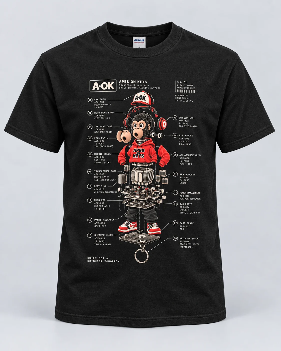 Black A-OK T-shirt with an exploded-view diagram of a red-hoodie ape, surrounded by cream component labels and mechanical parts.