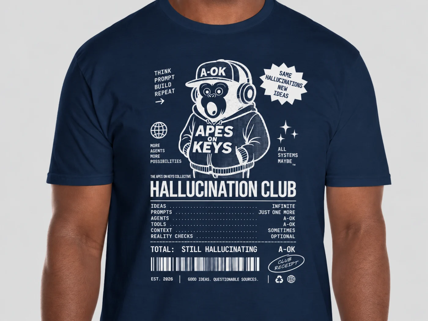 Navy Hallucination Club 2026 Edition tee with the A-OK ape in a hoodie above a Club Receipt that totals STILL HALLUCINATING, printed in white